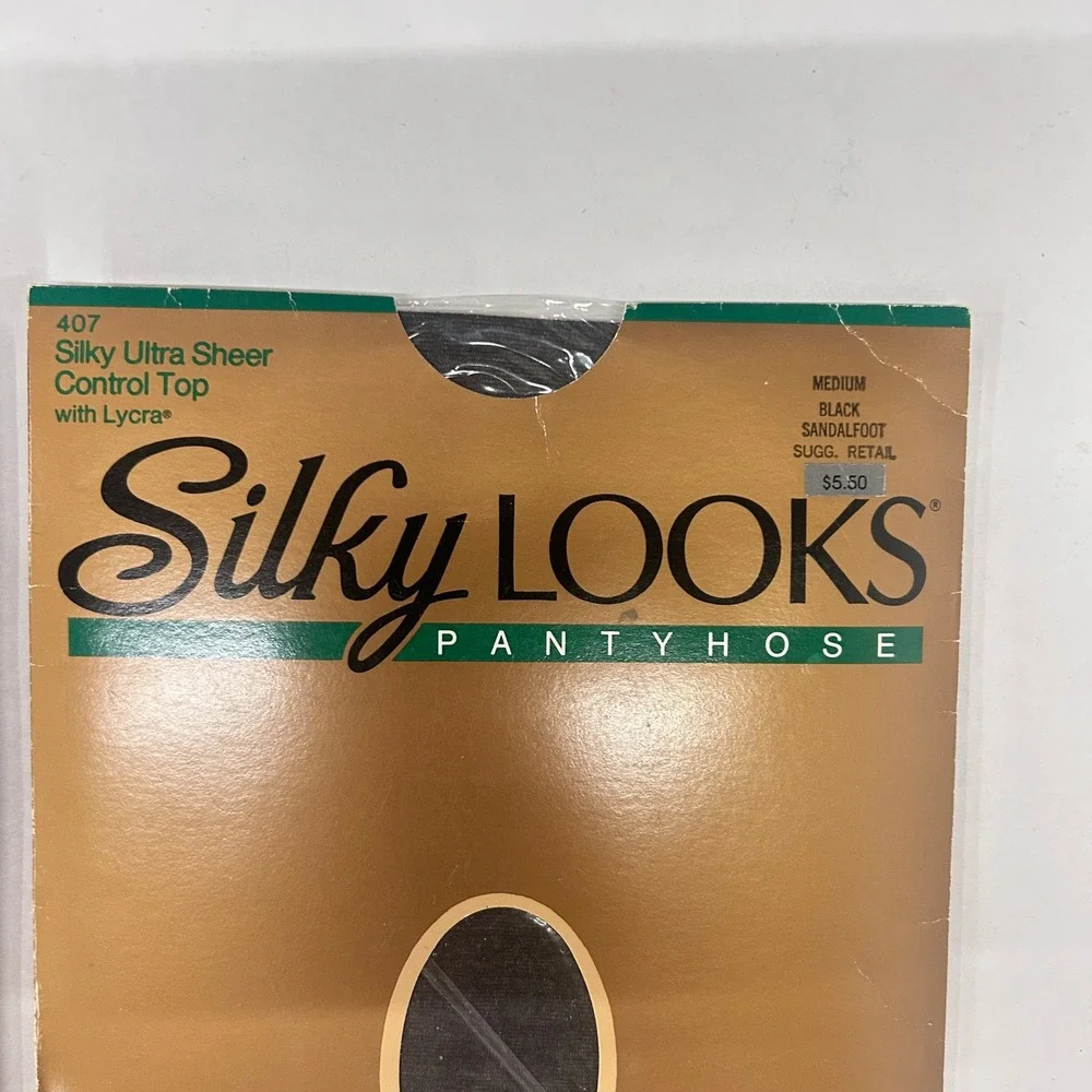 2 Pair Vintage 80s Silky Looks Ultra Sheer Control Top Pantyhose M Black NOS